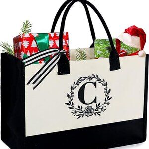 Monogram Initial Canvas Bag with Inner Zipper Pocket Embroidery Personalized Bag
